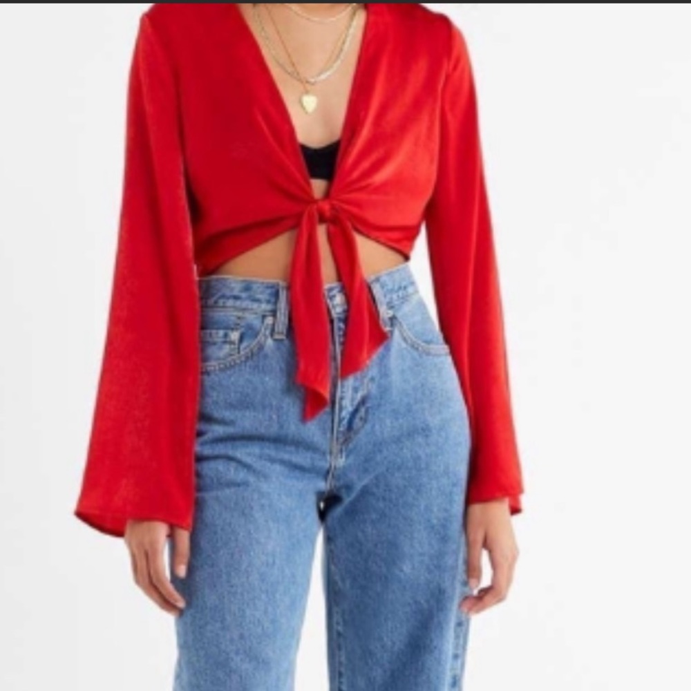 UO red satin tie crop top